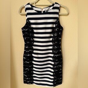 Eliza J Black & White Striped Lace Dress with Hot Pink & Gold Zipper Size 2 EUC